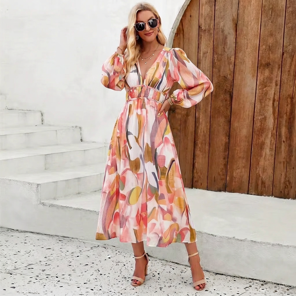 Ilona – Elegancka maxi sukienka w kolorowy abstrakcyjny wzór