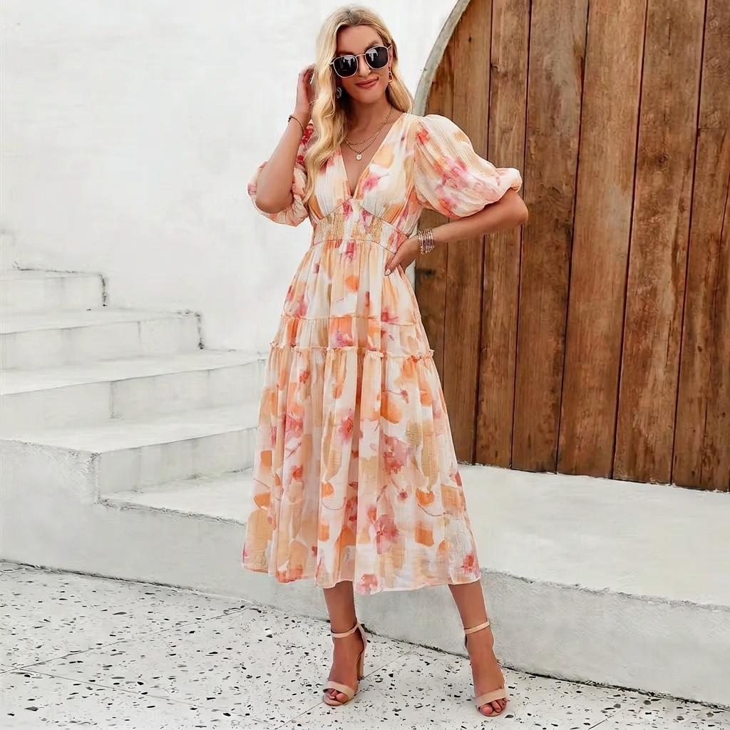 Ilona – Elegancka maxi sukienka w kolorowy abstrakcyjny wzór