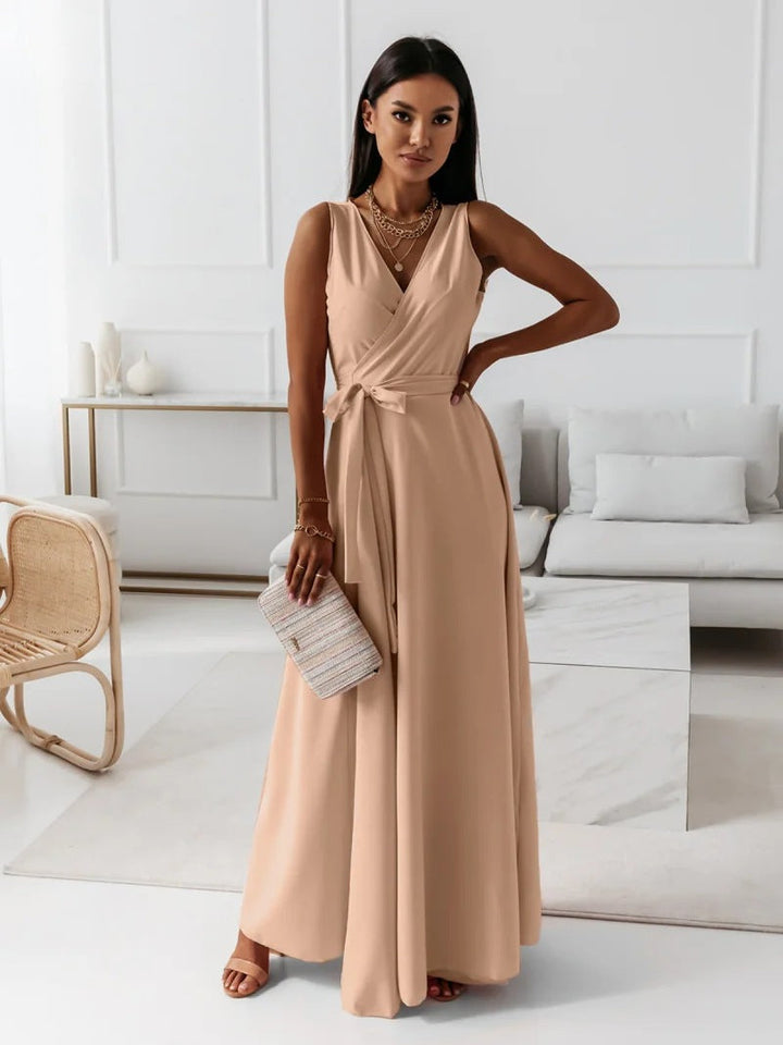 Damska Sukienka Maxi Elegancka Wiązana Talia Wesele