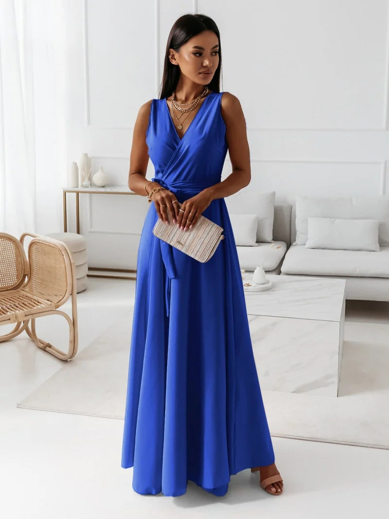 Damska Sukienka Maxi Elegancka Wiązana Talia Wesele