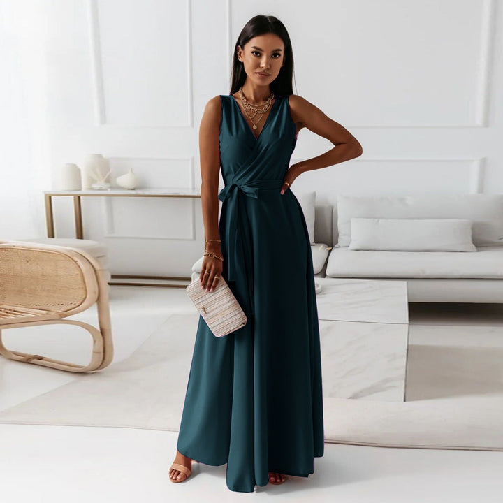 Damska Sukienka Maxi Elegancka Wiązana Talia Wesele