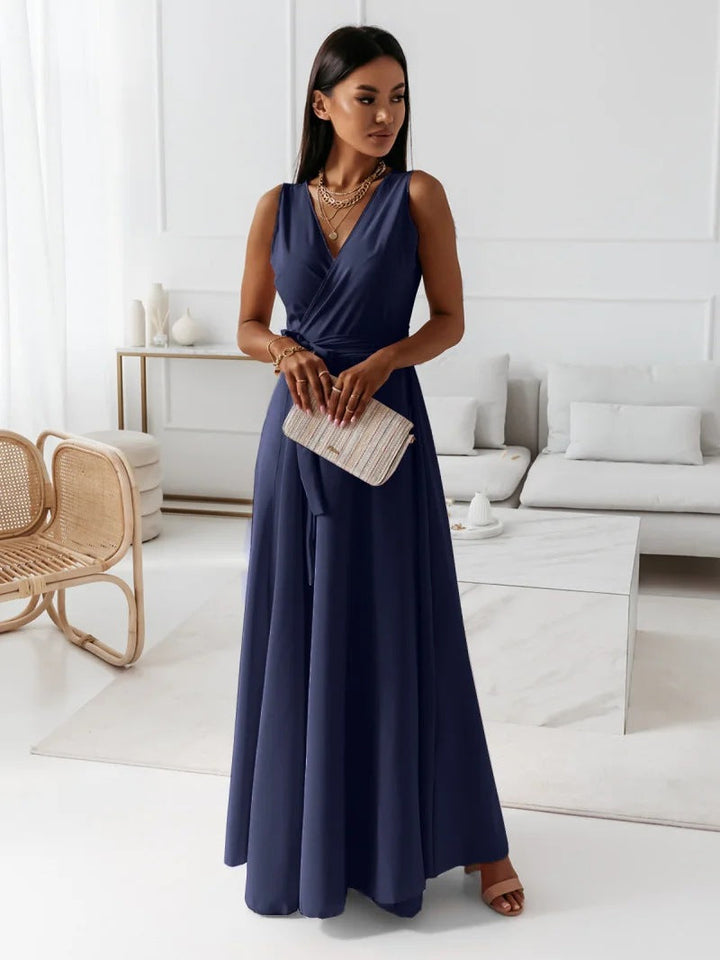 Damska Sukienka Maxi Elegancka Wiązana Talia Wesele