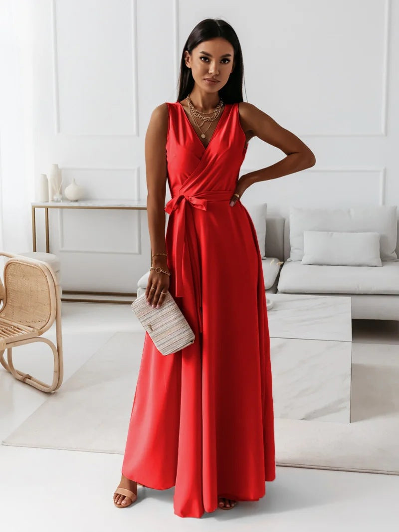 Damska Sukienka Maxi Elegancka Wiązana Talia Wesele