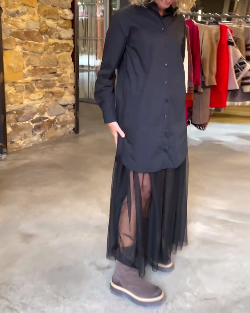 Leonie - Casual Długo Rękaw Hálós Patchwork Sukienka